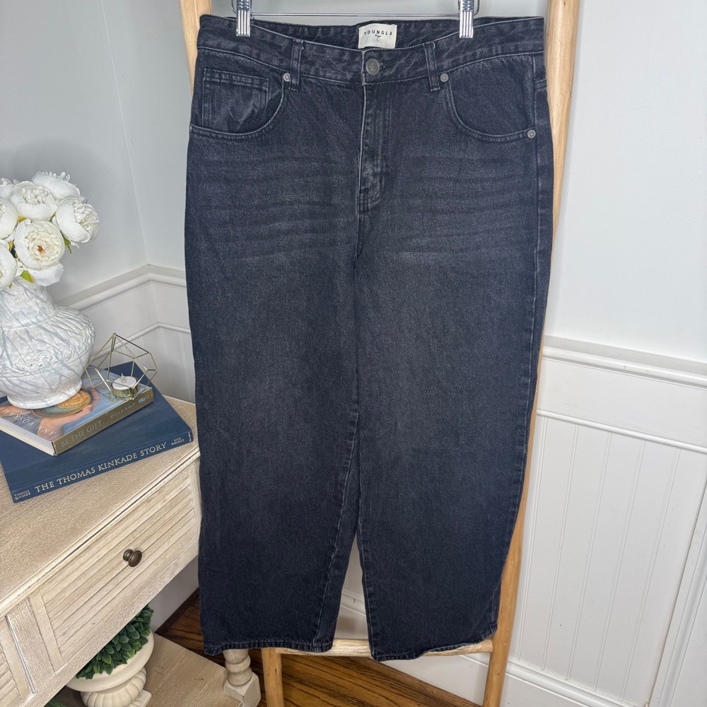 YoungLA 6023 Women Washed Black Wide Leg High Rise Cotton Jeans Size L